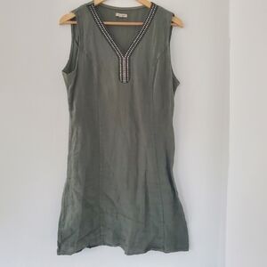 LINA TOMEI Sz M Khaki Green 100% Linen Sleeveless Short Dress Rhinestones ITALY